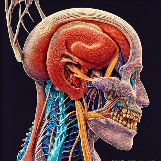 Image similar to nightmare etherreal iridescent vascular nerve bundles pearlescent spinal chord horror by naoto hattori, zdzislaw, norman rockwell, studio ghibli, anatomical cutaway