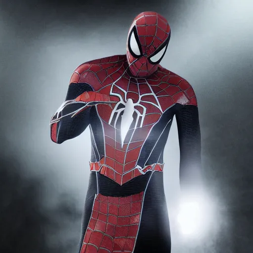 Image similar to black spider - man suit with white web lining, cinematic, volumetric lighting, realistic, hyperdetailed, photorealistic, photograph