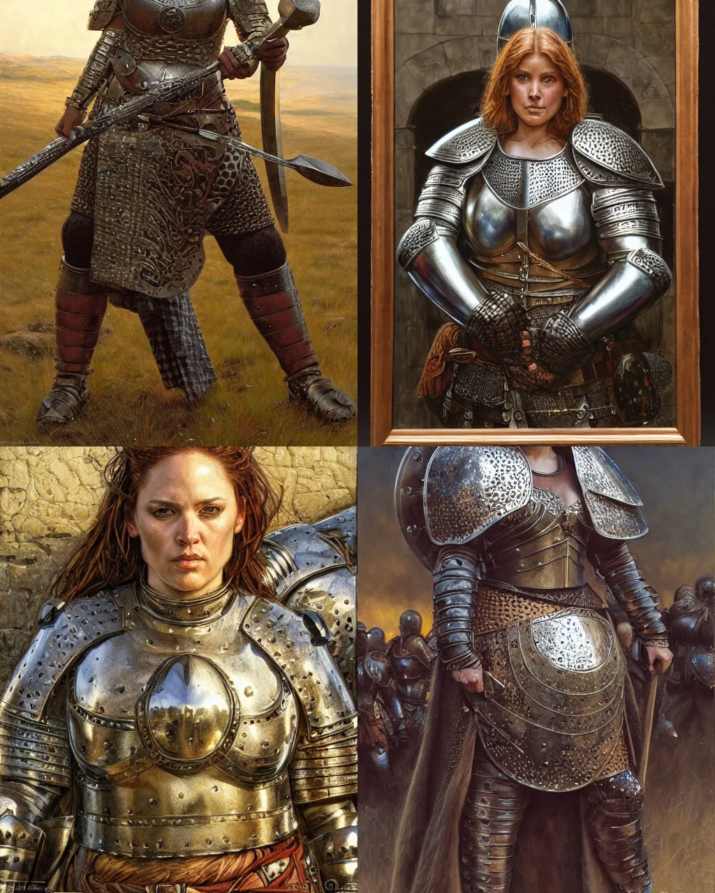 Prompt: a big robust female medieval warrior wearing heavy iron breastplate, scottish style, ultrarealistic, hyperdetailed, smooth, reflections, soft lighting, sharp focus, intricate, by donato giancola