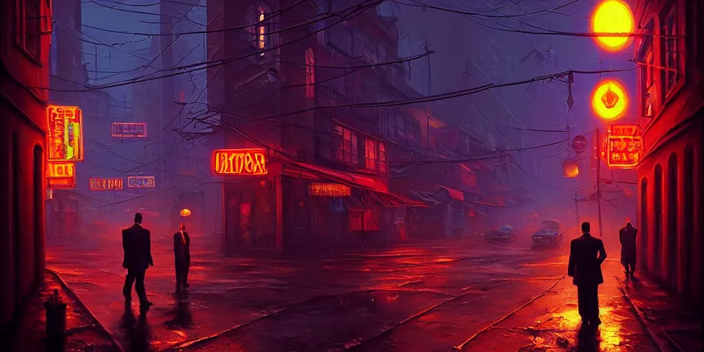 Image similar to A mafia boss in a cyberpunk setting, by Evgeny Lushpin, dramatic lighting, high contrast colours, as trending on Artstation, highly detailed,