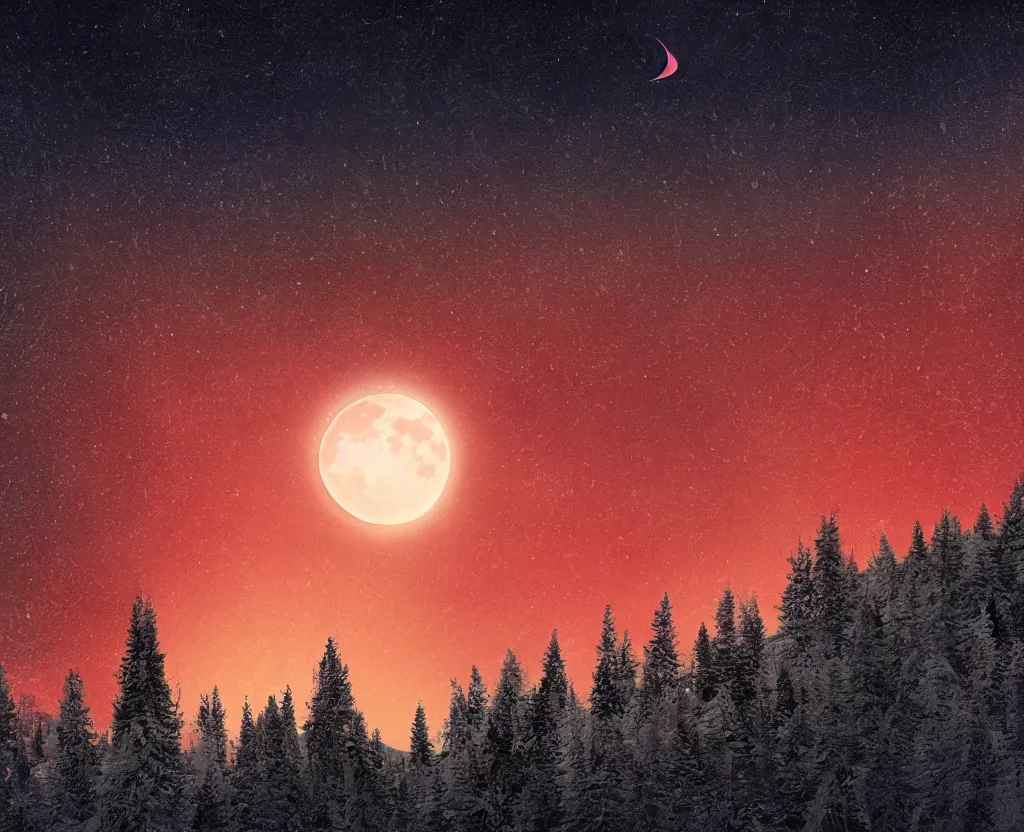 Prompt: A heavily-forested valley surrounded by snow-capped mountains, nighttime, orange moon, red nebula, no clouds, sci-fi, photorealistic, landscape