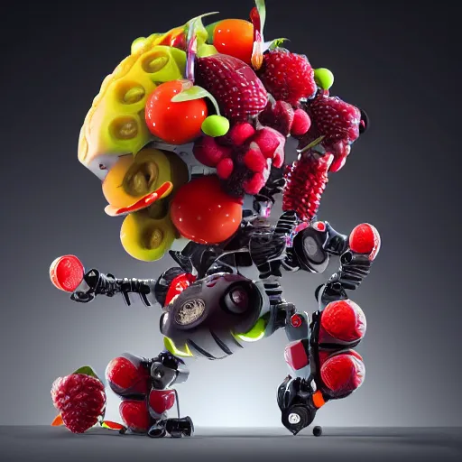 Image similar to a robot made entirely out of fruits, being chased by a vicious fruit - bat detailed, 8 k, trending on artstation, award - winning art,