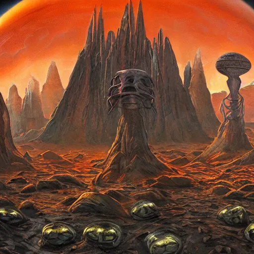 Prompt: extraterrestrial cultists on mars, massive alien temple in background, mike mignogna, highly detailed, oil painting, comic book cover, dark, rich colors, vintage sci fi, 1 9 8 0 s, 1 9 7 0 s, retrofuture, trending on artstation