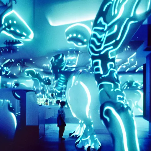 Image similar to electric blue scaled glowing baby dinosaurs in tron movie, cinestill