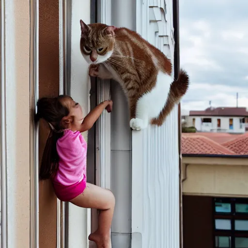 Prompt: a white brown cat preventing a little girl from climbing over a balcony