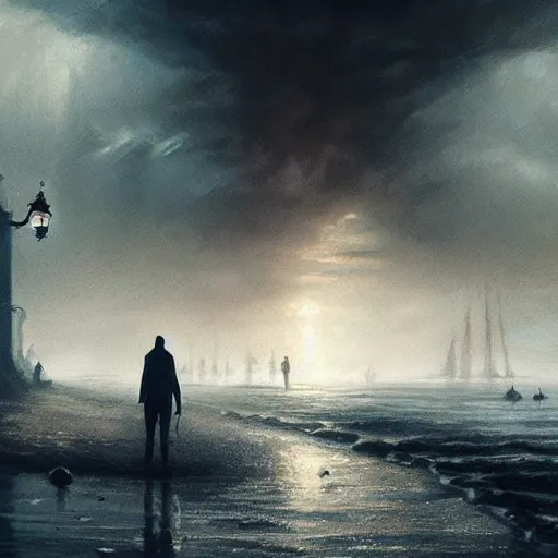 Image similar to shadow over innsmouth, people walking out of the water, painted by seb mckinnon, high detail, dramatic light, digital art, painted by greg rutkowski, promotional movie posterart, trending on artstation