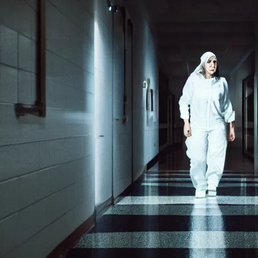Prompt: Live Action Still of a woman in white is walking hallway at night, real life, hyperrealistic, ultra realistic, realistic, highly detailed, epic, HD quality, 8k resolution, body and headshot, film still