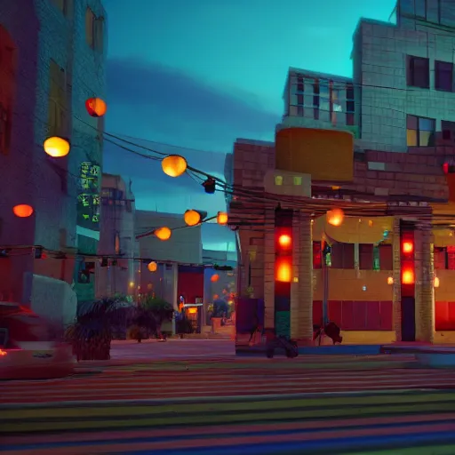 Image similar to Downtown Mexico, string lights, colorful lighting, night, unreal engine 5 tech demo, octane render, Frank Lloyd Wright ((Studio Ghibli))