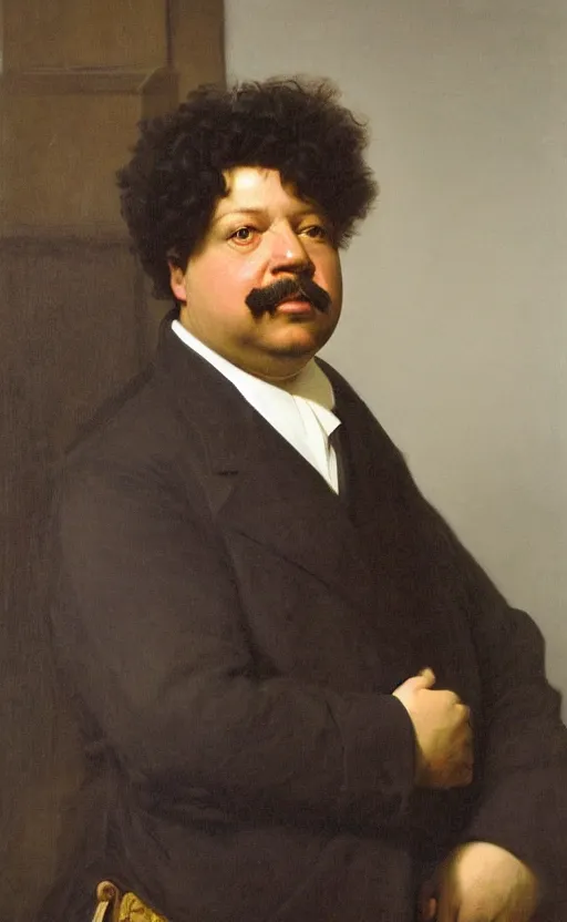 Prompt: Portrait of Alexandre Dumas, oil on canvas, highly detailed, by Kramskoy, 8k