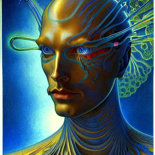 Image similar to realistic extremely detailed portrait painting of a glowing male silhouette, futuristic sci-fi landscape on background by Jean Delville, Amano, Yves Tanguy, Alphonse Mucha, Ernst Haeckel, Edward Robert Hughes, Roger Dean, rich moody colours, blue eyes