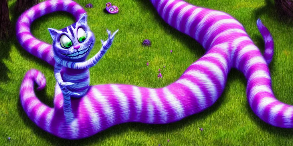 Prompt: The Cheshire Cat, Alice in wonderland, colorful, wide angle, super highly detailed, professional digital painting, artstation, concept art, smooth, sharp focus, no blur, no dof, extreme illustration, Unreal Engine 5, Photorealism, HD quality, 8k resolution, cinema 4d, 3D, beautiful, cinematic, art by artgerm and greg rutkowski and alphonse mucha and loish and WLOP