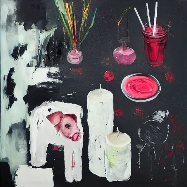 Prompt: “ a portrait in a female art student ’ s apartment, sensual, art supplies, paint tubes, palette knife, pigs, ikebana, herbs, a candle dripping white wax, black walls, squashed berries, berry juice drips, acrylic and spray paint and oilstick on canvas, surrealism, neoexpressionism ”