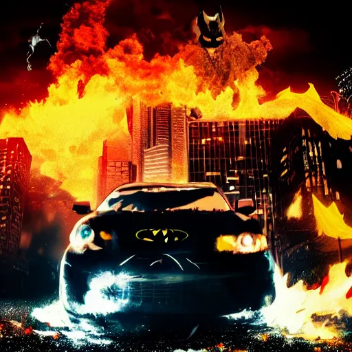 Image similar to city on flames at night, batman dancing on top of a car, people cheering, dark, detailed