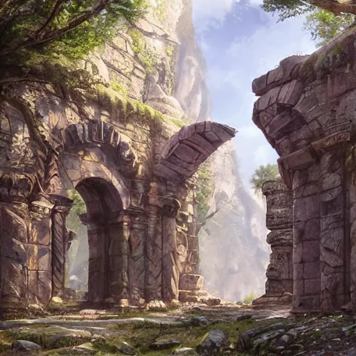 Image similar to concept art painting of an ornate ancient stone archway, in the woods, realistic, detailed, cel shaded, in the style of makoto shinkai and greg rutkowski and james gurney