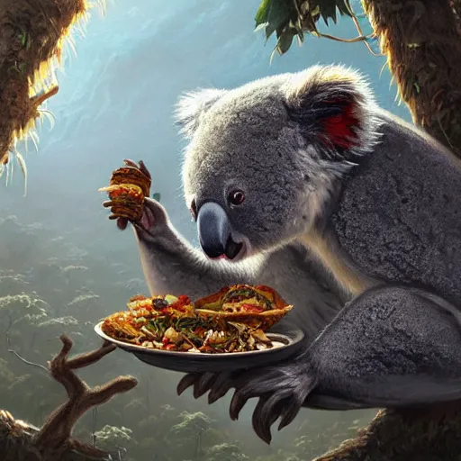 Prompt: Koala eating tacos, highly detailed, fantasy art, in the style of greg rutkowski, illustration, epic, fantasy, intricate, hyper detailed, artstation, concept art, smooth, sharp focus, ray tracing