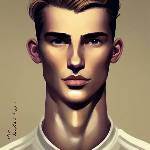 Image similar to tall man in his twenties with brown blond short quiff hair and thin slightly round facial structure with cleft chin, straight eyebrows and prominent nose, good definition of cheekbones, big hazel nut brown eyes, narrow face, slim body, atmospheric lighting, painted, intricate, 4 k, highly detailed by charlie bowater