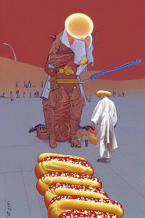 Prompt: an original jean giraud digital art painting of a religious decree prohibiting the consumption of hot dog buns