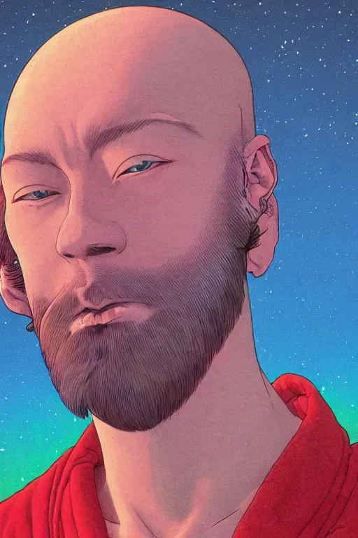 Image similar to a colorful closeup portrait of a young bald man with a very long wild beard dreaming psychedelic hallucinations in the vast icy landscape of antarctica, by kawase hasui, moebius and edward hopper, colorful flat surreal design, hd, 8 k, artstation