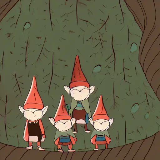 Image similar to a family of gnomes living inside a hollow in a tree, illustration by kerascoet, dynamic lighting