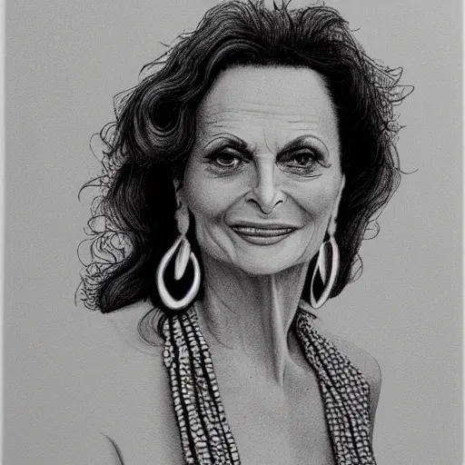 Image similar to pencil illustration of Diane von furstenberg highly detailed, cinematic,