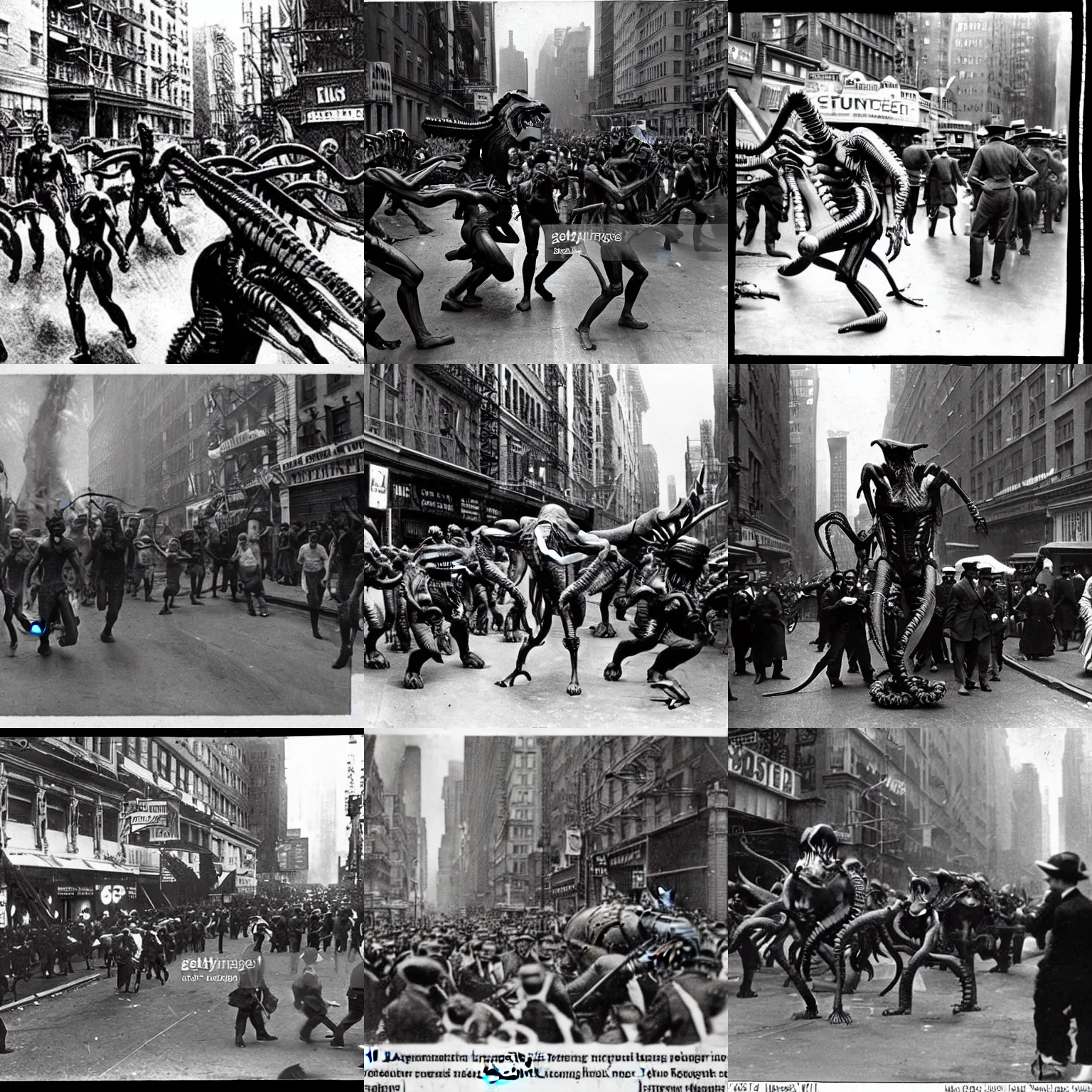 Prompt: 1913 photo of xenomorph rampaging through a crowded street in New York City, historical record