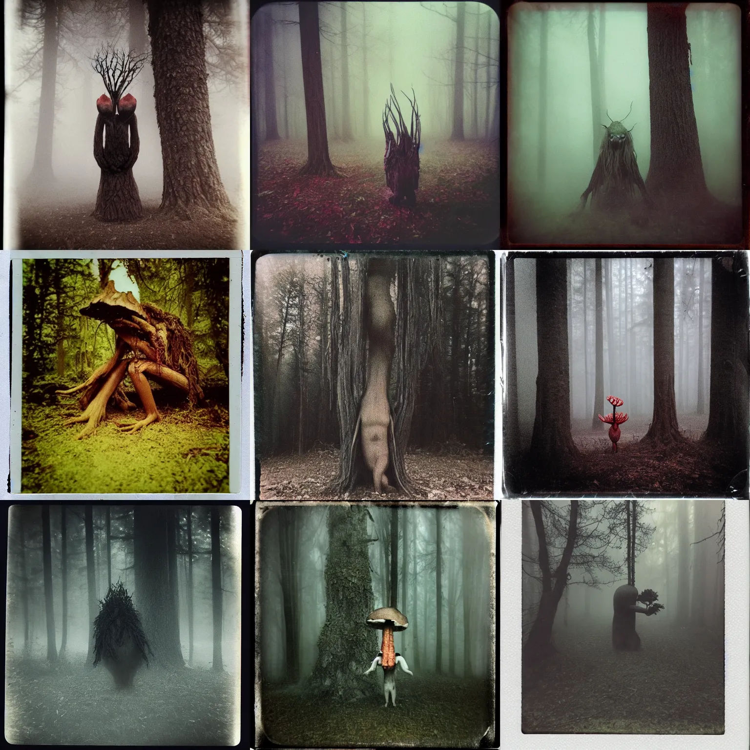 Prompt: anthropomorphic tree creature eating mushrooms, dark fantasy horror, ominous, disturbing, nightmarish, foggy, eerie mist, low quality instant camera photo