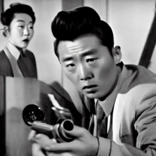 Image similar to 1950s Korean thriller film noir, Shin Sang-ok, 35mm film, Cooke Varotal 20-100 T3.1