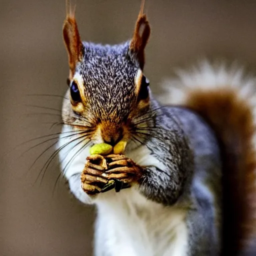 Prompt: close up of squirrel eating nuts, cinematographic shot,