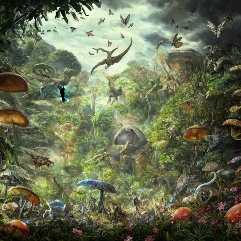 Prompt: a whimsical painting of fairies and butterflies with iridescent wings in a jurassic garden world with dinosaurs. giant mushrooms. dark atmosphere. high contrast. pulp - science fiction art. fantasy art. highly detailed. 4 k. trending on artstation