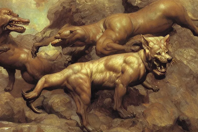 Prompt: hyperdetailed matte art of cerberus by william blake, ilya repin, amano, rene magritte, craig mullins