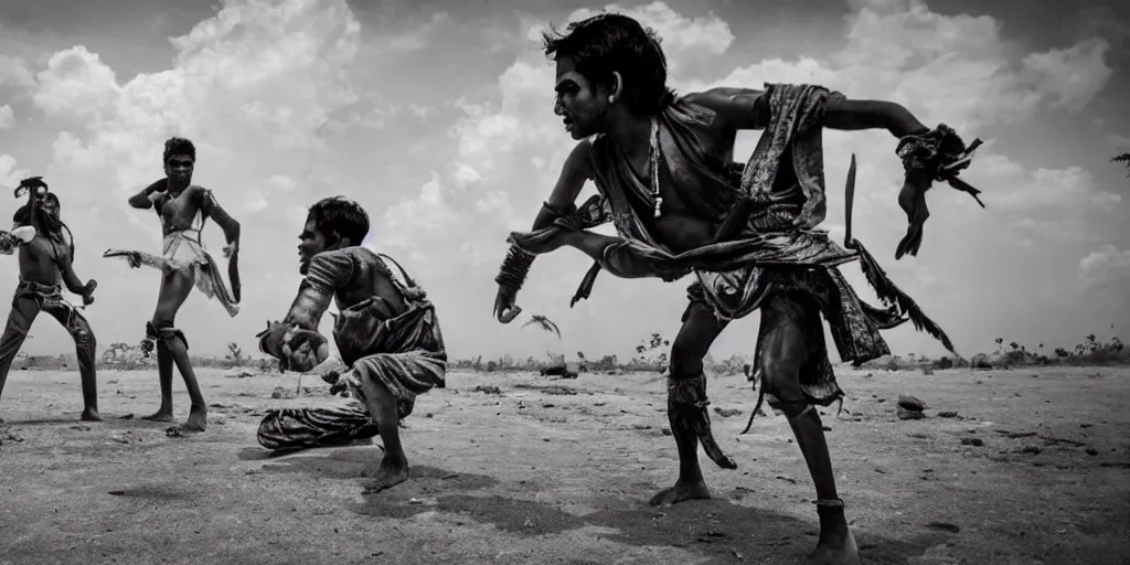 Image similar to sri lankan mad max style, dancing, film still, epic shot cinematography, rule of thirds