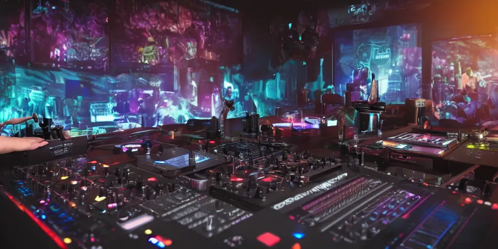 Prompt: a very buff dj playing at a club using a mixer on a tiny desk, pov, realistic 4 k octane beautifully detailed render, 4 k post - processing, highly detailed, intricate complexity, epic composition, magical atmosphere, cinematic lighting, masterpiece, ultra hd