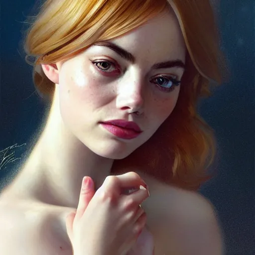 Image similar to beautiful natural mixture of Emma Stone, Emma Roberts, Margot Robbie, annasophia Robb and Rhyan Gosling, intricate, elegant, highly detailed, digital painting, artstation, concept art, smooth, sharp focus, illustration, art by artgerm and greg rutkowski and alphonse mucha and loish and WLOP