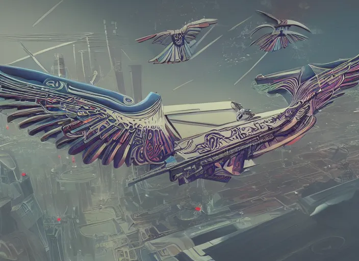 Prompt: concept art of a modern jugendstil airliner with ornate birdlike wings with art deco patterns flying over a magic city, cyberpunk, high fantasy