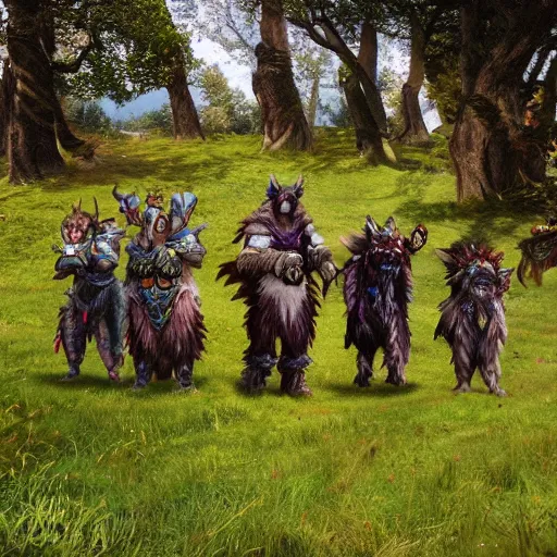 Image similar to A pack of world of warcraft feral druids roaming the british countryside