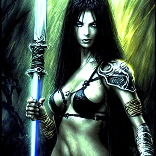 Prompt: female warrior, black hair, glowing sword, cinematic, by luis royo