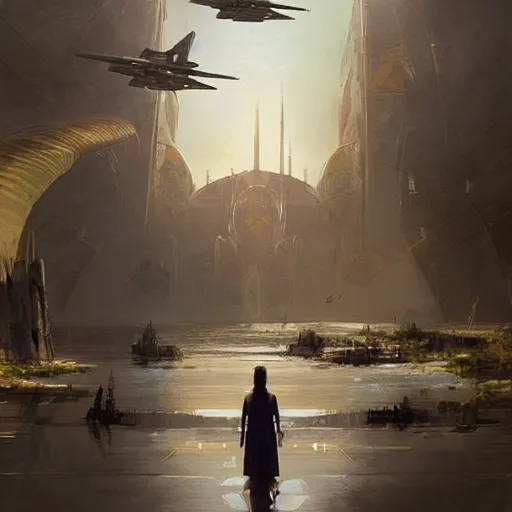 Image similar to star wars concept art of naboo by greg rutkowski, sharp foccus, cinematic ilumination, nostalgic atmosphere.