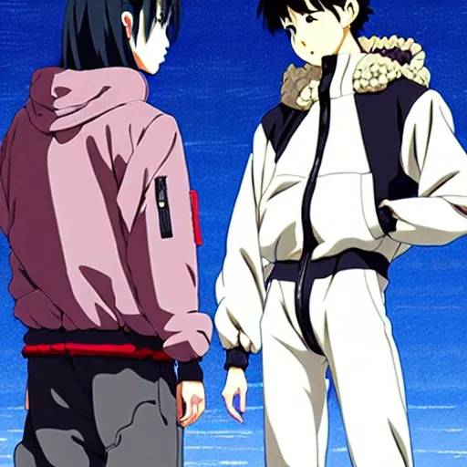 Image similar to a beautiful anime male gravure model alone, wearing oversized mayan bomber jacket and leotard with overalls, bulky poofy bomber jacket with mayan patterns, aztec street fashion, gapmoe yandere grimdark, trending on pixiv fanbox, painted by greg rutkowski makoto shinkai takashi takeuchi studio ghibli, akihiko yoshida