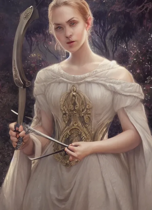 Image similar to upper body portrait of a beautiful maiden in an expensive victorian dress holding a sword and taking a selfie in a royal garden, award winning, masterpiece digital painting by greg rutkowski, alex grey, artstation, 4 k wallpaper,