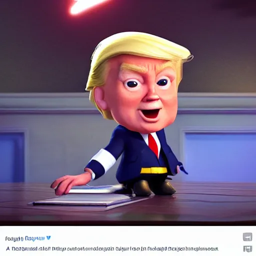 Image similar to a wholesome animation key shot of chibi donald trump, pixar and disney animation, sharp, very detailed, high resolution, rendered in unreal engine 5, key art by greg rutkowski, bloom, dramatic lighting