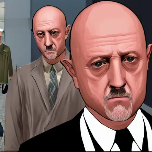 Image similar to Jonathan Banks aka Mike Ehrmantraut from Better Call Saul as a GTA character portrait, Grand Theft Auto, GTA cover art