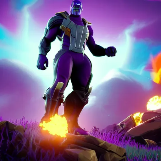 Prompt: a dramatic picture of thanos in fortnite, stunning screenshot