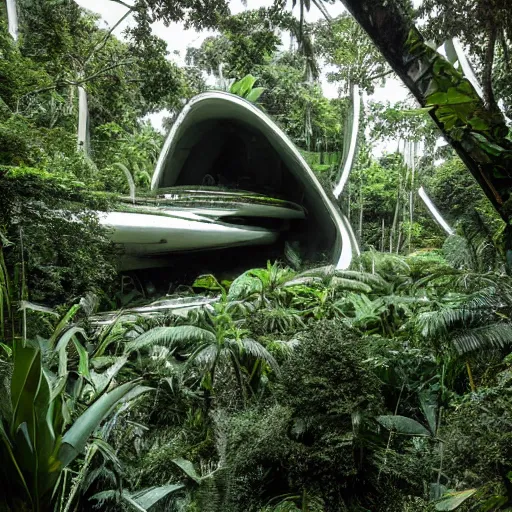 Image similar to old photo overgrown spaceship zaha hadid ruins in jungle