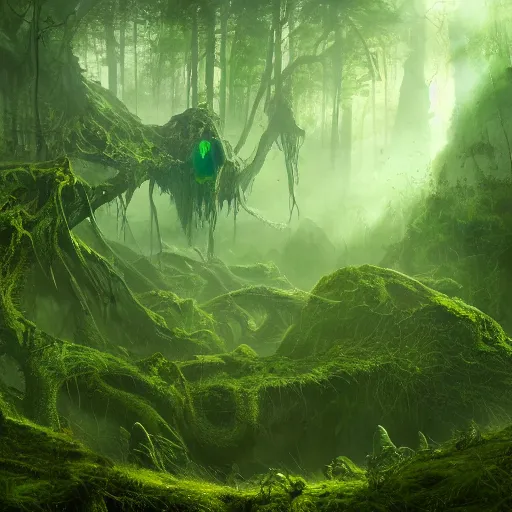 Prompt: a green eldritch monstrosity in an overgrown forest viewed from the sky by Marek Okon, god rays, fantasy art, 4k, HDR, photorealistic, 8k, trending on artstation