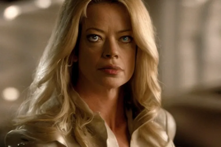 Prompt: A film still of Jeri Ryan as Power Girl in a heroic stance, high detail