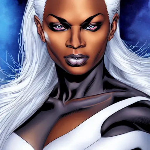 Prompt: Portrait of Ororo Munroe, a beautiful African woman in her 30s, with white hair and piercing blue eyes, symmetrical face, detailed face, soft face, gentle expression, graphic novel, art by Ardian Syaf and Pepe Larraz,