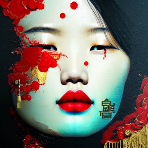 Image similar to portrait of chinese woman :: side profile :: in ocean :: clockwork details :: gold :: blood and horror :: by vikings and Sandra Chevrier