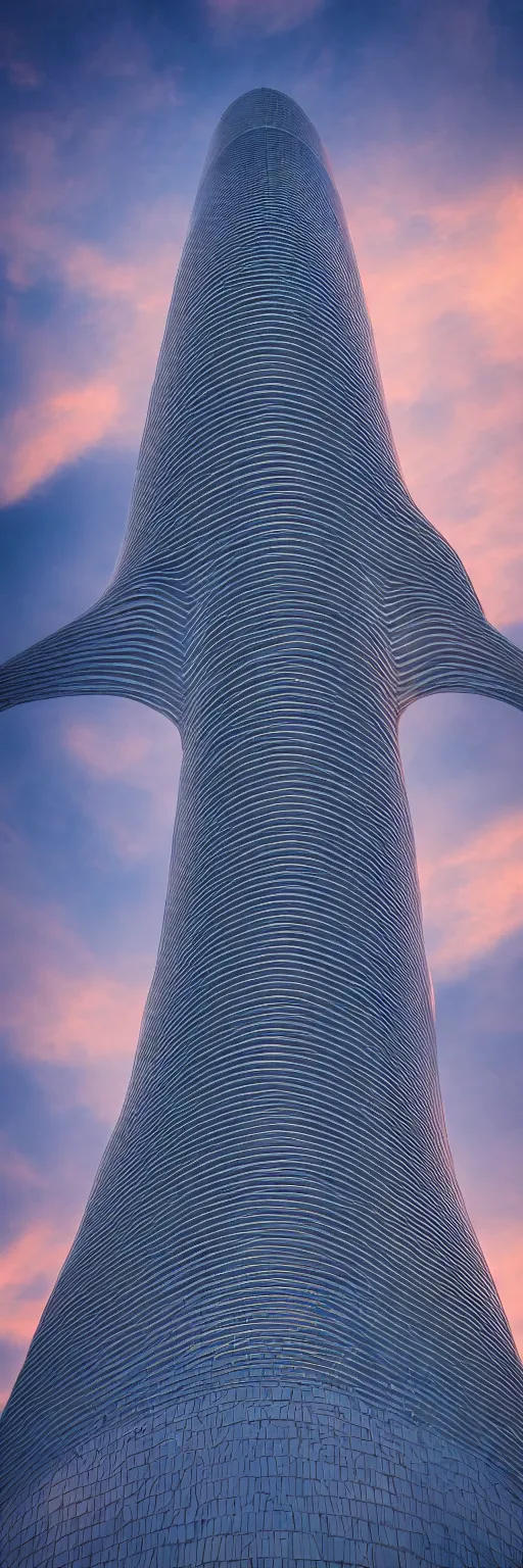 Image similar to the first 1 mile tall tower, portrait format, 18mm lens, architectural photography, futuristic, stunning volumetric light sunset