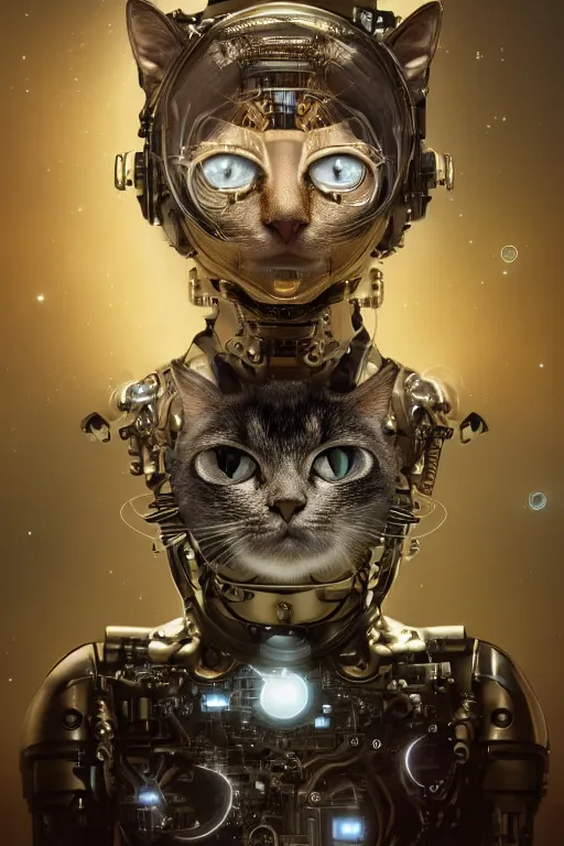 Image similar to a beautiful ultradetailed fine art photo of a futuristic cybernetic cyborg cat against galactic space, by tom bagshaw and natalie shau, portrait, 3 5 mm lens, golden ratio composition, detailed face, studio photography, very detailed, deep depth of field, humanoids, industrial robotic cats, artstation, 8 k, highly coherent