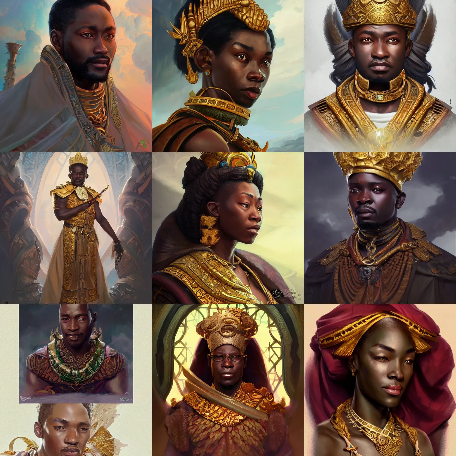 Prompt: ghanaian emperor, D&D, painted fantasy character portrait, highly detailed, digital painting, artstation, concept art, sharp focus, illustration, art by artgerm and greg rutkowski and alphonse mucha